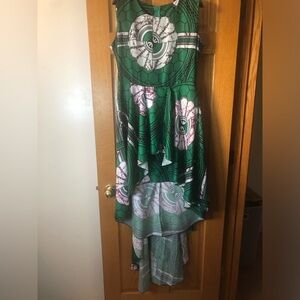 Green and White Patterned high -low sleeveless Dress